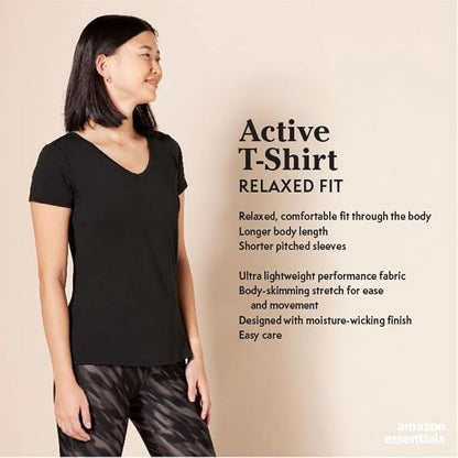 Amazon Essentials Women's Active Quick Dry Tech Stretch Short-Sleeve V-Neck T-Shirt (Available in Plus Size), Pack of 2
