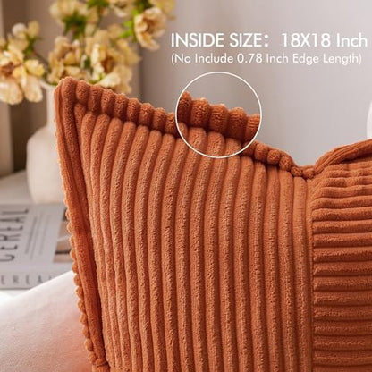 MIULEE Fall Rust Decorative Euro Sham Throw Pillow Covers for Couch Bed Livingroom 22x22 Inch Set of 2 Boho Accent Throw Pllows Broadside Striped Patchwork Soft Corduroy Pillowcases, Terracotta