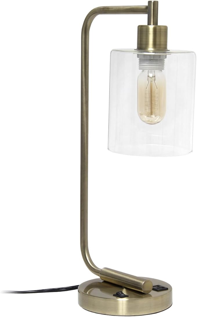 Simple Designs LD1066-ABS Bronson Antique Style Industrial Iron Lantern Desk Lamp with 2 Dual USB Ports and Glass Shade, Antique Brass