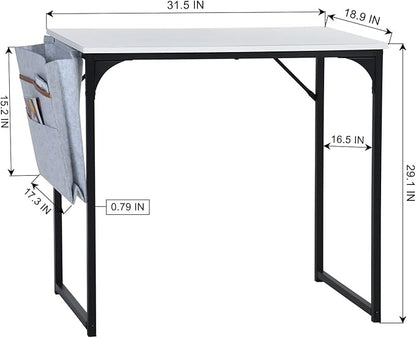 FurnitureR 31.5 inch Small Study Writing Table with Storage Bag Space Saving for Home Office, Modern PC Metal Frame Computer Desk, White