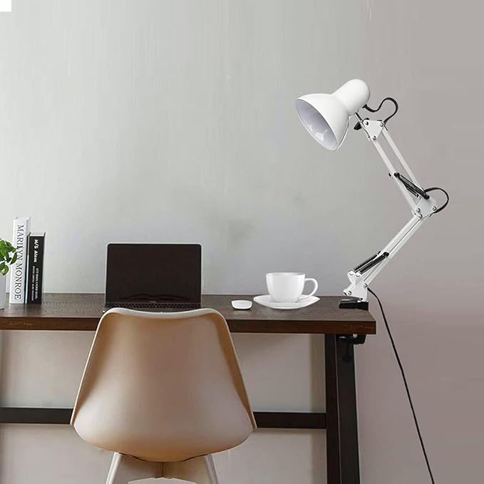 Led Desk Lamp with Clamp - Swing Arm Desk Lamp with 1 LED Cold Light Bulbs 6500K - Folding Table Lamp，Used for Office, Work, Study, Dormitory Reading and Eye Protection (White-01)