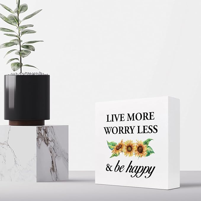 Live More Worry Less and Be Happy Sunflower Wood Block Sign Desk Decor,Rustic Inspirational Wooden Box Plaque Sign Desk Decor for Home Bedroom Living Room Office Shelf Table Decorations