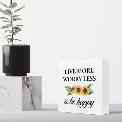 Live More Worry Less and Be Happy Sunflower Wood Block Sign Desk Decor,Rustic Inspirational Wooden Box Plaque Sign Desk Decor for Home Bedroom Living Room Office Shelf Table Decorations