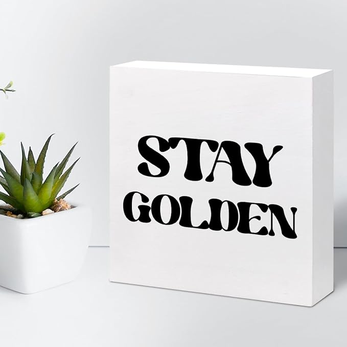 Stay Golden Wood Block Sign Desk Decor,Rustic Positive Wooden Box Plaque Sign Desk Decor for Home Girls Room Office Shelf Table Decor Decorations