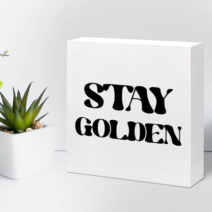 Stay Golden Wood Block Sign Desk Decor,Rustic Positive Wooden Box Plaque Sign Desk Decor for Home Girls Room Office Shelf Table Decor Decorations