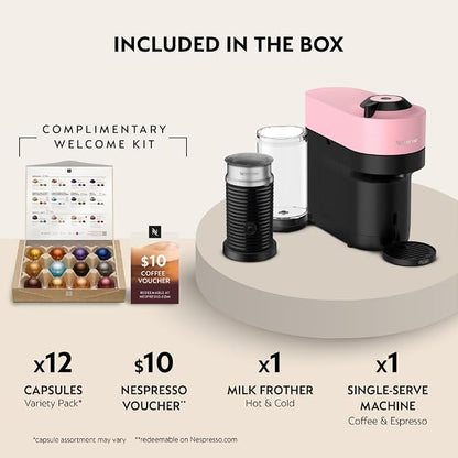 Nespresso Vertuo Pop+ Coffee Machine with Milk Frother, Candy Pink | Coffee and espresso maker by De'Longhi with compact design. Aeroccino3 frother bundle for hot or cold foam drinks at home.