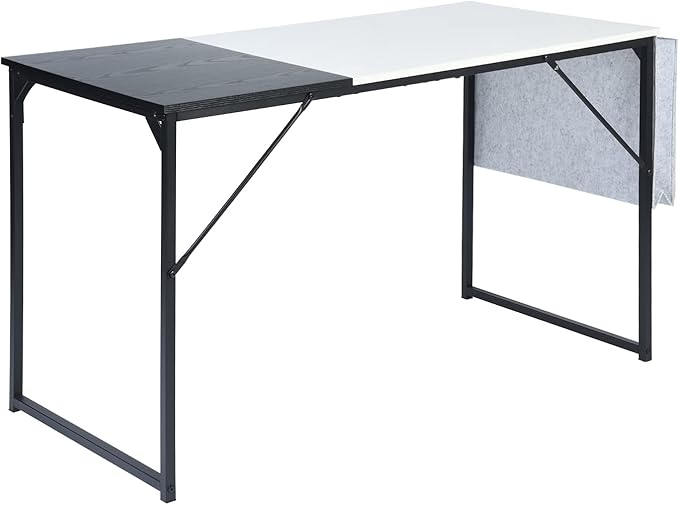 FurnitureR 39.4 inch Study Writing Table with Storage Bag Space Saving for Home Office, Modern PC Metal Frame Computer Desk, Black/White
