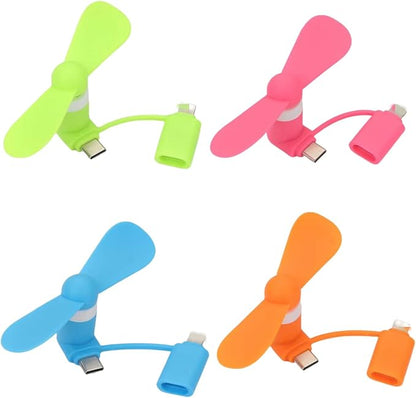 Type USB C 2-in-1 Cell Phone Fan, for iPhone All Series 7 8 X 11 12 13 14 15 16 17 XS XR Plus Mini Pro Max SE, for Samsung Galaxy S, Z Fold Flip, A1/A2/A3/A5 Series, M1/M3/M5, Note Series (Color x4)