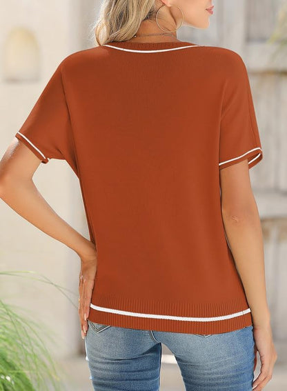 SHEWIN Womens Tops Trendy Short Sleeve Shirts Crewneck Lightweight Knit Sweater Top Business Casual Outfits