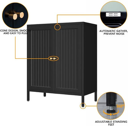 2 Door Metal Storage Cabinet-Small Bathroom Storage Cabinet with 1 Adjustable Shelf,Freestanding Sideboard for Home Office, Living Room, Hallway, Entryway(Striped Door, Black)