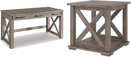 Signature Design by Ashley Aldwin Rustic Farmhouse 60" Home Office Lift Top Desk with Charging Ports, Distressed Gray & Arlenbry End Table, Gray