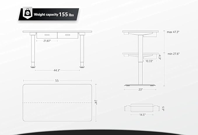BANTI 55'' Adjustable Height Electric Standing Desk with Double Drawer, Computer Workstation Stand Up Home Office Desk with Splice Tabletop, Black Frame/Black Top