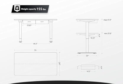 BANTI 55'' Adjustable Height Electric Standing Desk with Double Drawer, Computer Workstation Stand Up Home Office Desk with Splice Tabletop, Black Frame/Black Top