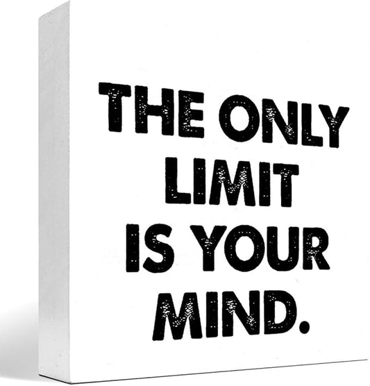 Positive Wood Box Sign Desk Decor,The Only Limit is Your Mind Wood Plaque Signs,Rustic Inspirational Wooden Block Sign Decor for Office Workplace Classroom Shelf Table Decoration C1079