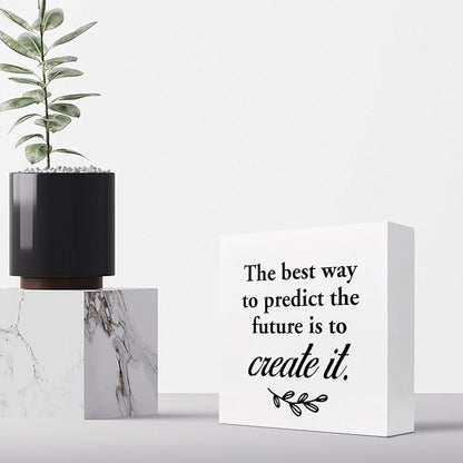 The Best Way to Predict the Future is to Create It Wood Box Signs,Inspirational Wood Plaque Sign Desk Decor,Rustic Positive Wooden Block Sign Decor for Home Office Shelf Table Decoration C1074