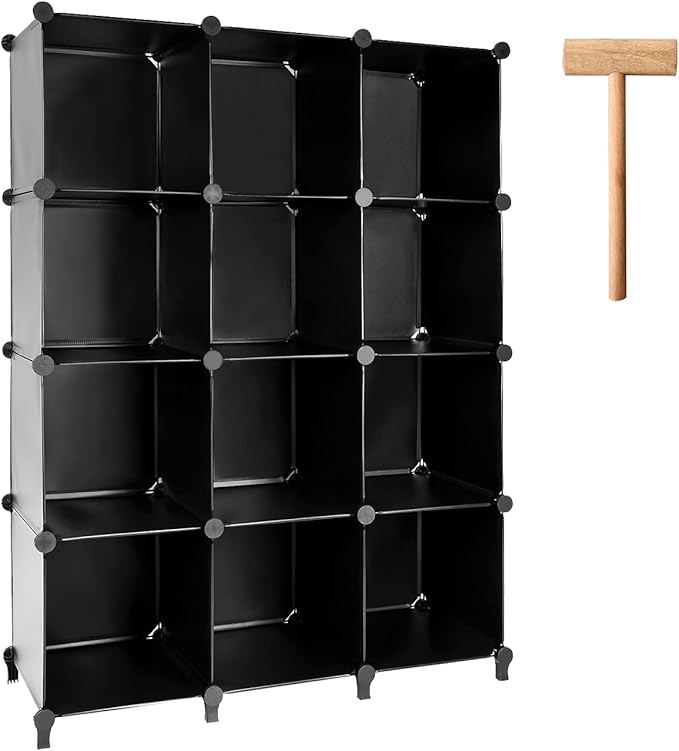 Gold Armour Cube Storage 12-Cube Bookshelf Closet Organizer Storage Shelves Cubes Organizer Plastic Square Book Shelf Bookcase DIY Closet Cabinet Organizer Shelving for Home Office Bedroom (Black)