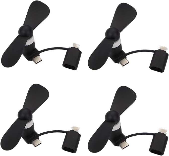 Type USB C 2-in-1 Cell Phone Fan, for iPhone All Series 7 8 X 11 12 13 14 15 16 17 XS XR Plus Mini Pro Max SE, for Samsung Galaxy S, Z Fold Flip, A1/A2/A3/A5 Series, M1/M3/M5, Note Series (Black x4)