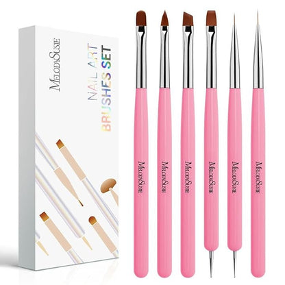 MelodySusie Nail Art Brushes Set,6pcs Nail Art Design Pen Painting Tools with Extension Gel Brush, Polish Brush, Builder Brush,Liner Brush, Carved Brush, and Dotting Pen for Home DIY Salon Use