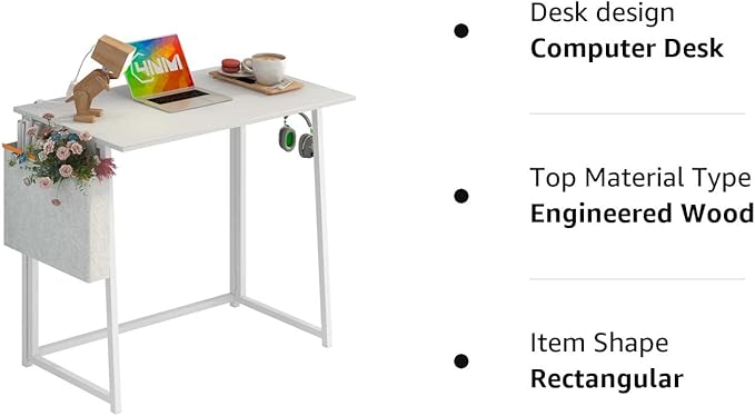 4NM 31.5" Small Desk with Storage Bag, Simple Assembly Folding Computer Desk Home Office Desk Study Writing Table for Small Space Offices - All White