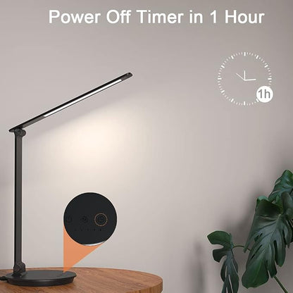 LED Desk Lamp with USB Charging Port, Touch Control Dimmable Office Lamp, 5 Color Modes 6 Brightness Levels Eye-Caring Table Lamp for Home Office Bedroom Reading Study, Black