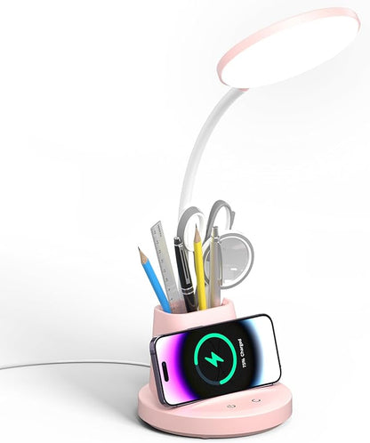 LED Desk Lamp with Wireless Charger for Home Office, Small with Pen Holder, 800LM,3 Color Modes,Gooseneck, Eye-Caring White Desk Lamps for Home College Dorm Room,Pink