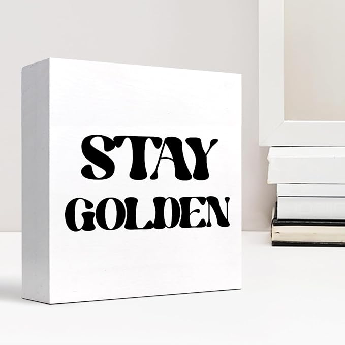 Stay Golden Wood Block Sign Desk Decor,Rustic Positive Wooden Box Plaque Sign Desk Decor for Home Girls Room Office Shelf Table Decor Decorations