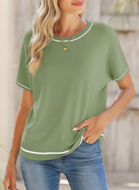 SHEWIN Womens Tops Trendy Short Sleeve Shirts Crewneck Lightweight Knit Sweater Top Business Casual Outfits