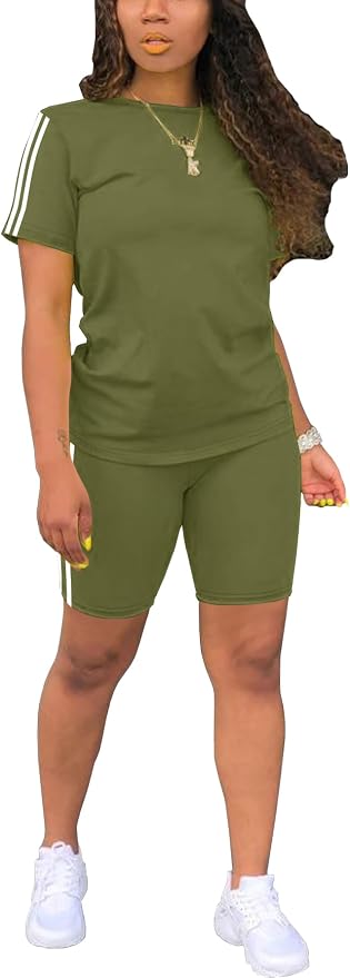 STOLKISS Women 2 piece Short Sets Classic Striped Outfits Summer Casual Short Sleeve T-Shirt and Short Jogger Tracksuits Sets