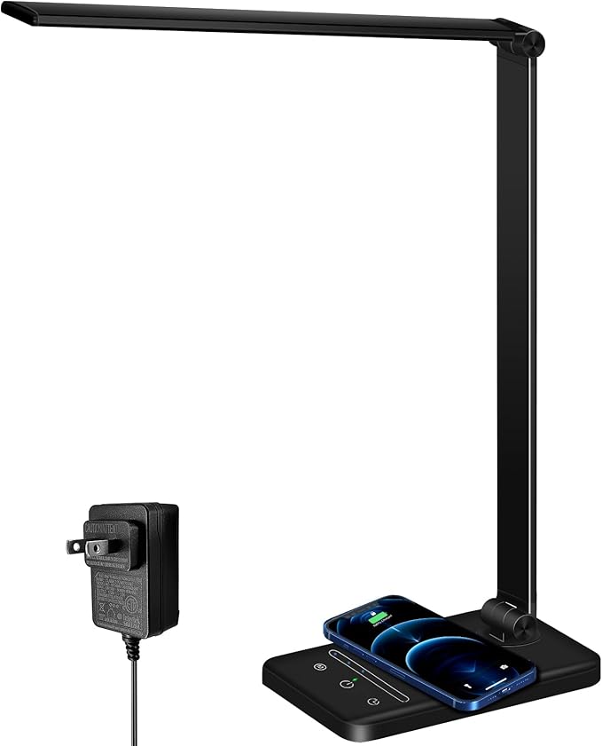 LED Desk Lamp with Wireless charging，Dimmable Desk Light, 5 Light Colors, 6 Brightness Levels, Touch Control Table Lamp with USB Rechargeable, Auto Timer, for College Dorm, Home, Office