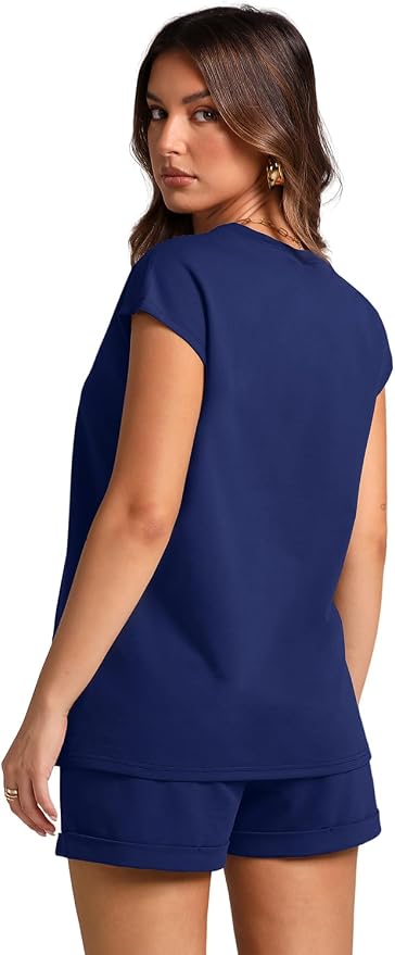 WIHOLL 2 Piece Sets for Women Casual Summer Travel Vacation Outfits Cap Sleeve Shorts Lounge Set