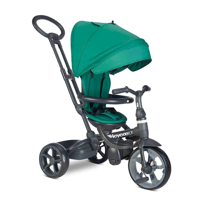 Joovy Tricycoo LX Premium Kids Tricycle with 8 Stages Featuring Chunky Front Tire, Removable and Adjustable Parent Handle, Safety Harness, Machine-Washable Seat Pad, and Retractable Canopy, Pine