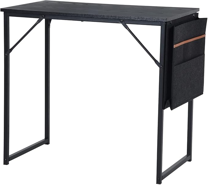 FurnitureR 31.5 inch Small Study Writing Table with Storage Bag Space Saving for Home Office, Modern PC Metal Frame Computer Desk, Black