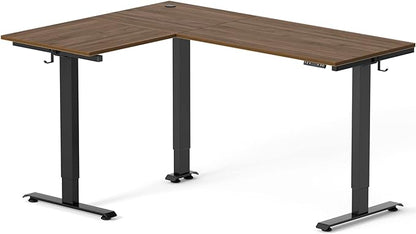 FEZIBO Triple Motor L-Shaped Electric Standing Desk, 63 Inches Height Adjustable Stand up Corner Desk, Sit Stand Workstation with Splice Board, Black Frame/Black Walnut Top
