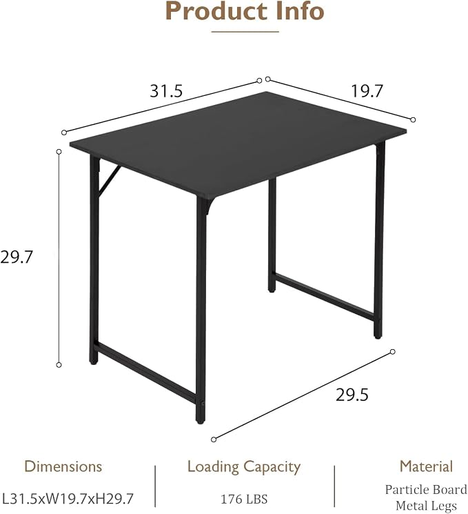 BestOffice | 32 Inch Computer Desk | Black | Sturdy Office Desk | Metal Frame, Adjustable Feet | Water-Resistant, Scratchproof Surface | Writing Table for Home Office or Study | Pack of 1
