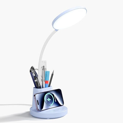 comzler LED Desk Lamp with Wireless Charger Pen Phone Holder, Blue Desk Lamp for Home Office, Dimmable Desk Light 3 Color Modes, College Dorm Study Lamp for College Dorm, CRI 90 800 Lumen