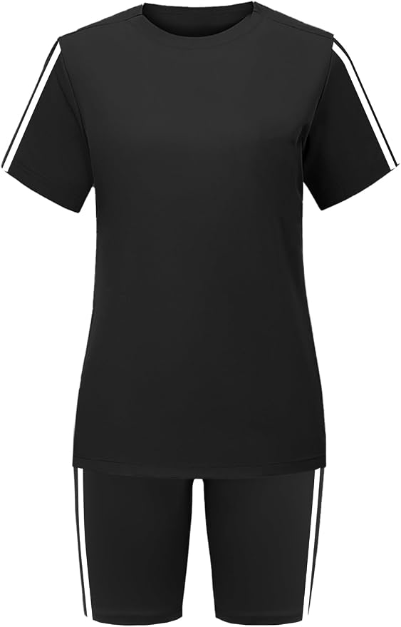 STOLKISS Women 2 piece Short Sets Classic Striped Outfits Summer Casual Short Sleeve T-Shirt and Short Jogger Tracksuits Sets
