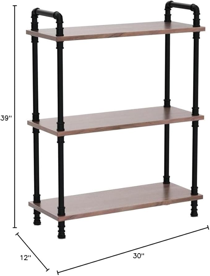 3 Tier Industrial Pipe Bookcase, Rustic Farmhouse Bookshelf with Solid Wood for Living Room, Kitchen, Office