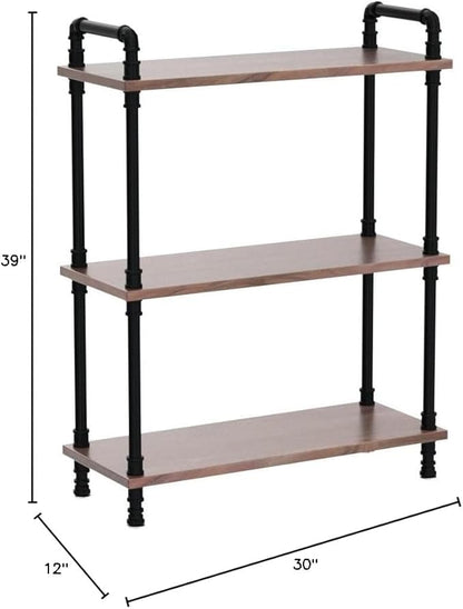 3 Tier Industrial Pipe Bookcase, Rustic Farmhouse Bookshelf with Solid Wood for Living Room, Kitchen, Office