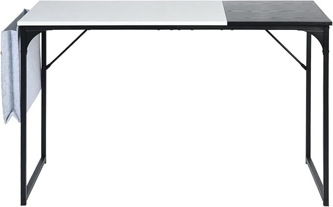 FurnitureR 39.4 inch Study Writing Table with Storage Bag Space Saving for Home Office, Modern PC Metal Frame Computer Desk, Black/White