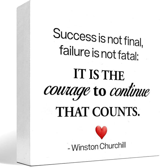 Motivational Wood Box Sign Desk Decor,Success is not Final Failure is not Fatal Wood Plaque Signs,Rustic Positive Wooden Block Sign Decor for Home Office Shelf Desk Table Decoration C1071
