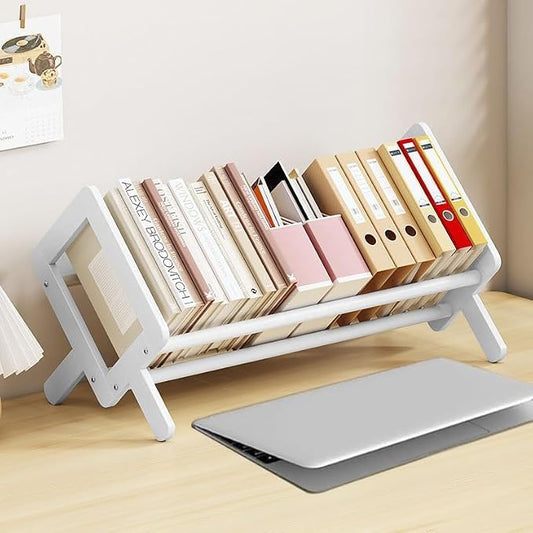 Wood Tilting Bookcase in Living Room/Home/Office, Desktop Book Shelf Organizer Bookshelves Storage Rack for CDs/Magazine/Books Display (White, 19.68"-L)