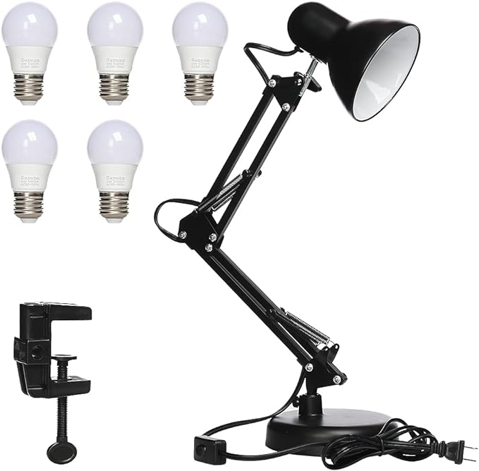 Led Desk Lamp with Clamp - Swing Arm Desk Lamp with 5 LED Cold Light Bulbs 6500K - Folding Table Lamp，Used for Office, Work, Study, Dormitory Reading and Eye Protection Desk Lamp (Black)