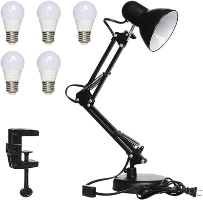 Led Desk Lamp with Clamp - Swing Arm Desk Lamp with 5 LED Cold Light Bulbs 6500K - Folding Table Lamp，Used for Office, Work, Study, Dormitory Reading and Eye Protection Desk Lamp (Black)