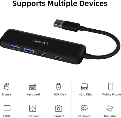 Dual USB C USB A 3.0 Hub: USB Hub 4 Ports with 2* USB-C 3.0 and 2* USB-A 3.0, Ultra Slim Portable USB Splitter Adapter for Laptop, PS4, Flash Drive, HDD, Xbox, Printer, Mouse, Keyboard, Computer
