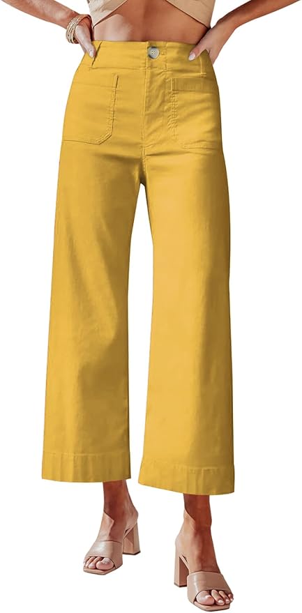 miduo Womens High Waisted Cropped Wide Leg Stretchy Straight Pants Trousers with Pockets