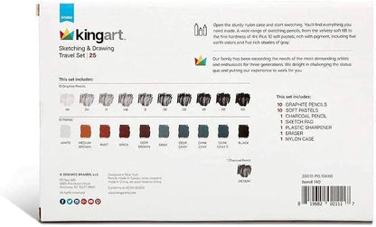 KINGART DRAWING & SKETCHING 25 pc. TRAVEL SET, Graphite, and Charcoal Pencils & Pastels plus Supplies, Art Drawing Kit for Adults, Teens, Beginner to Pro, Ideal for Shading, Blending, 25 pc.