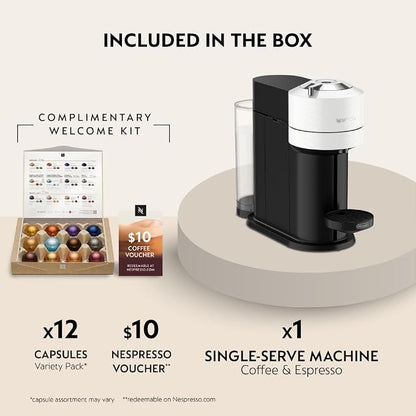 Nespresso Vertuo Next Coffee and Espresso Maker by De'Longhi, White | White coffee machine with slim, sustainable design. Brews 6 cup sizes, espresso to 18 oz., all topped with crema.