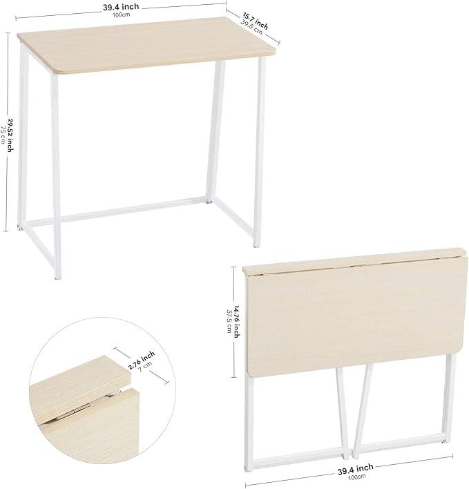 WOHOMO Folding Desk, 39.4" Foldable Computer Table for Small Spaces, Oak | Easy Assembly and Fold, Sturdy Home office desks for Study Bedroom Dorm Space Saving Writing Work Apartment