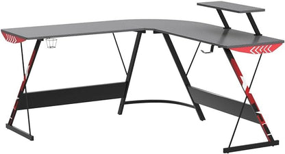 MOTPK L Shaped Gaming Desk with Carbon Fiber Surface, Corner Computer Desk L Shape with Monitor Shelf, Gamer Desk Gaming Table with Cup Holder & Headphone Hook, Black, 51 Inch