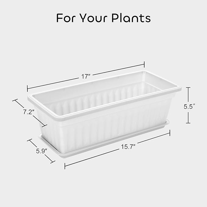 GROWNEER 3 Packs 17 Inches White Flower Window Box Plastic Vegetable Planters Long Pots with 15 Pcs Plant Labels for Outdoor Indoor Windowsill Patio Garden Home Decor Porch